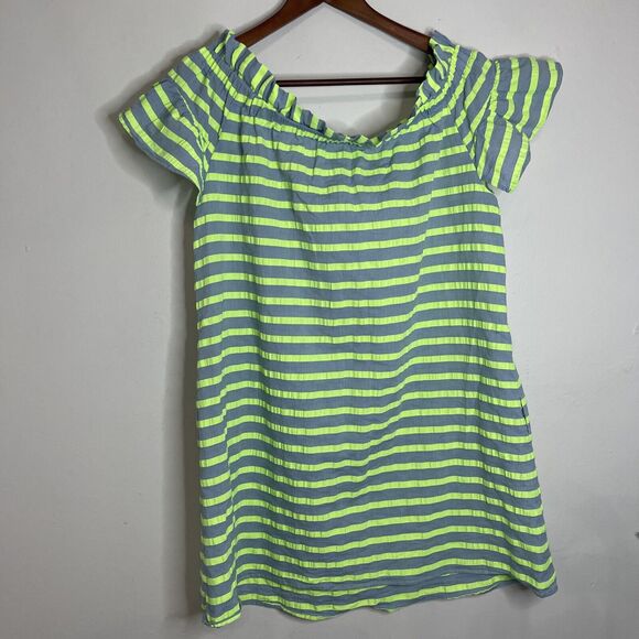 CoreyLynnCalter Bayside  Green Blue Striped Off Shoulder Flutter Dress Womens M - Picture 10 of 10